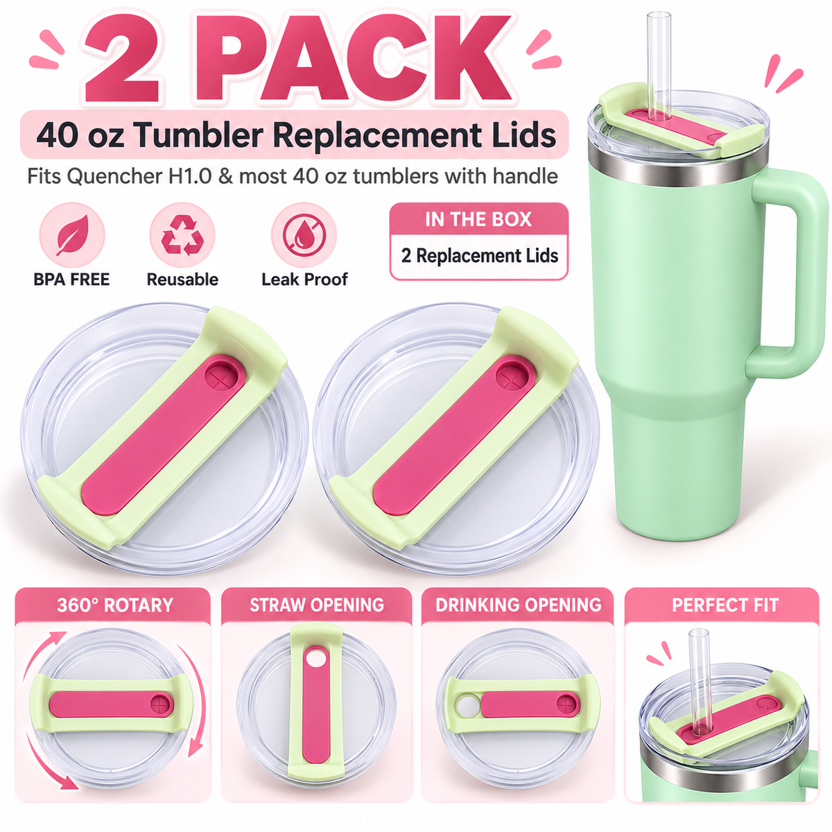 40oz Tumbler Lid Compatible for Stanley, 2 Pack Replacement Tumbler Lids Fit for Stanley Quencher 2.0 Tumbler 40 OZ
