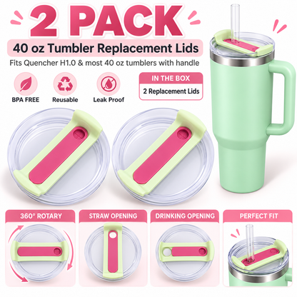 40oz Tumbler Lid Compatible for Stanley, 2 Pack Replacement Tumbler Lids Fit for Stanley Quencher 2.0 Tumbler 40 OZ