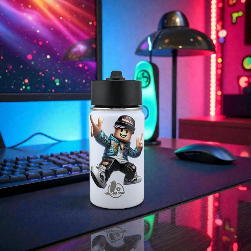 12 oz Kids Sports Kettle – Straw & Handle Bottle with Dual 3D UVDTF Stickers | Roblox Gamer Edition