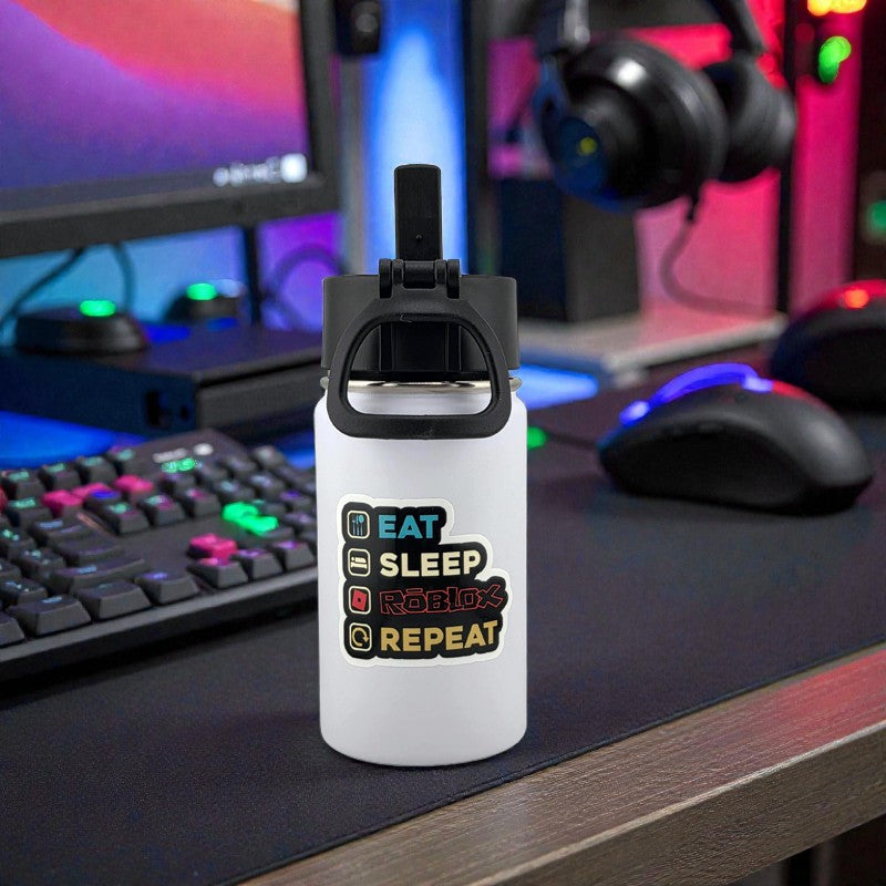 12 oz Kids Sports Kettle – Straw & Handle Bottle with Dual 3D UVDTF Stickers | Roblox Gamer Edition