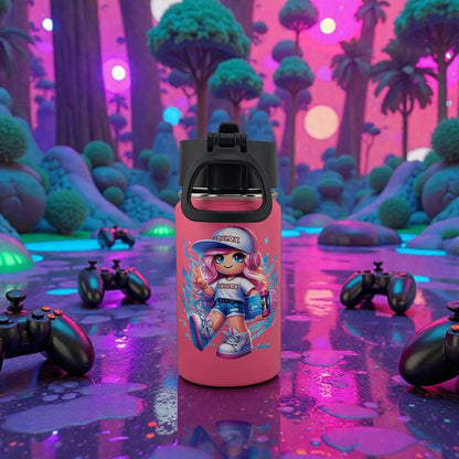 12 oz Kids Sports Kettle – Straw & Handle Bottle with Dual 3D UVDTF Stickers | Roblox Girl in Pink Edition