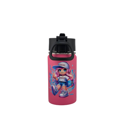 12 oz Kids Sports Kettle – Straw & Handle Bottle with Dual 3D UVDTF Stickers | Roblox Girl in Pink Edition