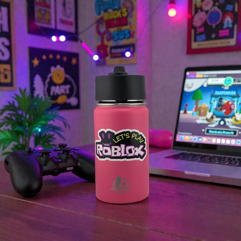 12 oz Kids Sports Kettle – Straw & Handle Bottle with Dual 3D UVDTF Stickers | Roblox Girl in Pink Edition