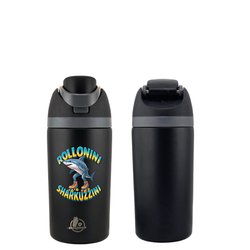 Italian Brainrot Rollonini Sharkuzzini 16 oz Fruit Water Bottle – 2-Way Drink Lid | Black, White, Blue & Pink