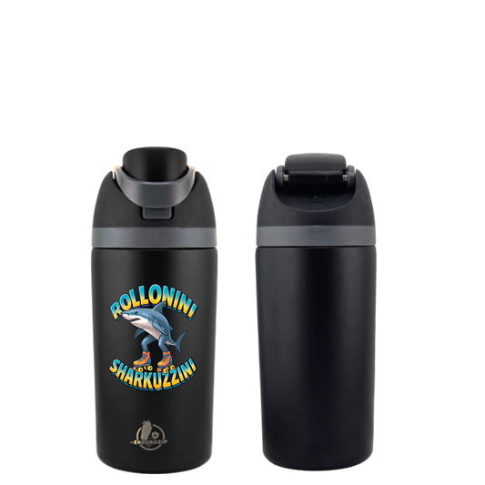 Italian Brainrot Rollonini Sharkuzzini 16 oz Fruit Water Bottle – 2-Way Drink Lid | Black, White, Blue & Pink