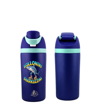 Italian Brainrot Rollonini Sharkuzzini 16 oz Fruit Water Bottle – 2-Way Drink Lid | Black, White, Blue & Pink