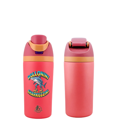 Italian Brainrot Rollonini Sharkuzzini 16 oz Fruit Water Bottle – 2-Way Drink Lid | Black, White, Blue & Pink