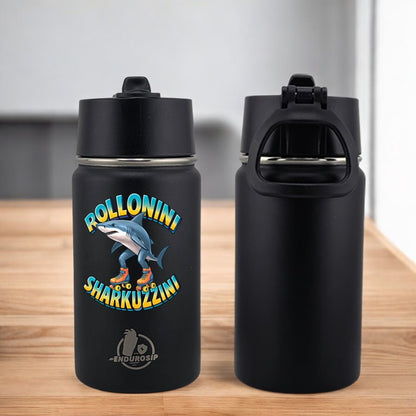 EnduroSip® 12 oz Water Bottle – Rollonini Sharkuzzini Italian Brainrot | Black, Blue & Pink UVDTF 3D Permasticker