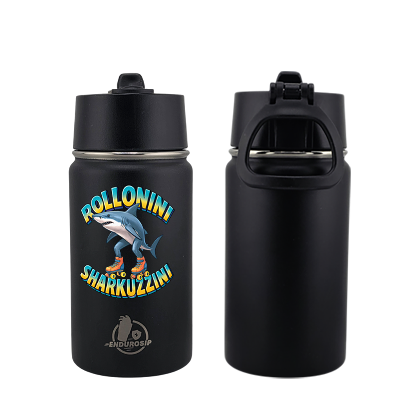 EnduroSip® 12 oz Water Bottle – Rollonini Sharkuzzini Italian Brainrot | Black, Blue & Pink UVDTF 3D Permasticker