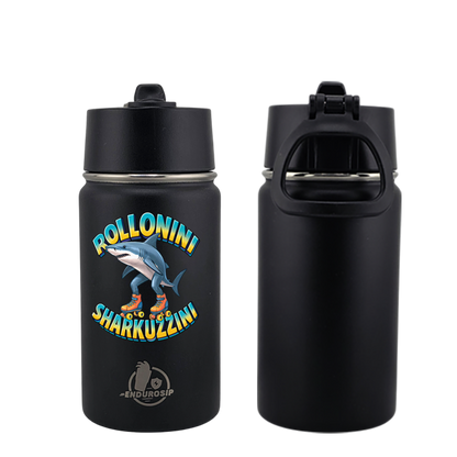 EnduroSip® 12 oz Water Bottle – Rollonini Sharkuzzini Italian Brainrot | Black, Blue & Pink UVDTF 3D Permasticker