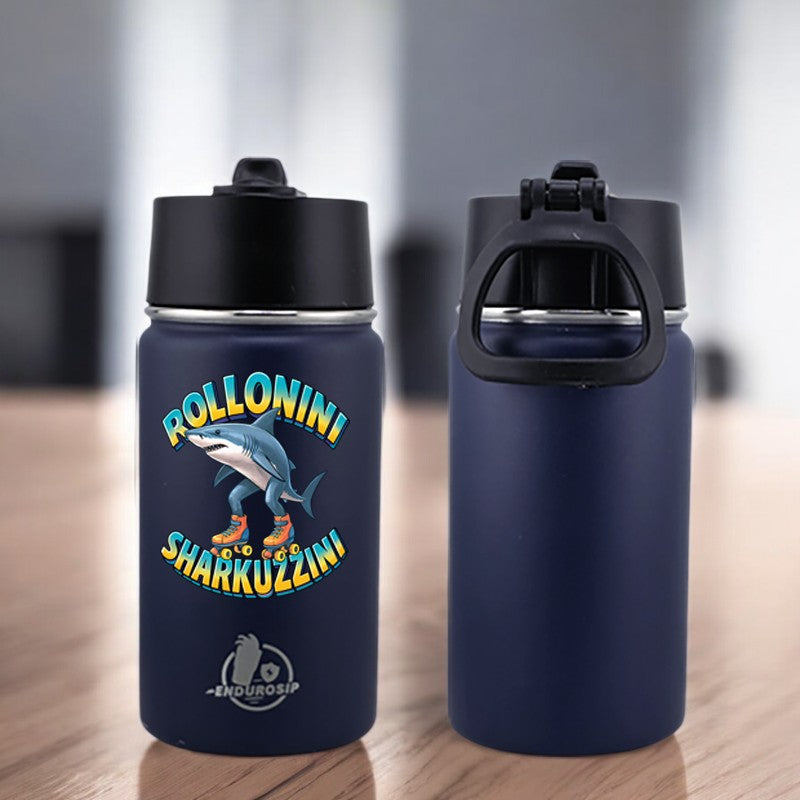 EnduroSip® 12 oz Water Bottle – Rollonini Sharkuzzini Italian Brainrot | Black, Blue & Pink UVDTF 3D Permasticker