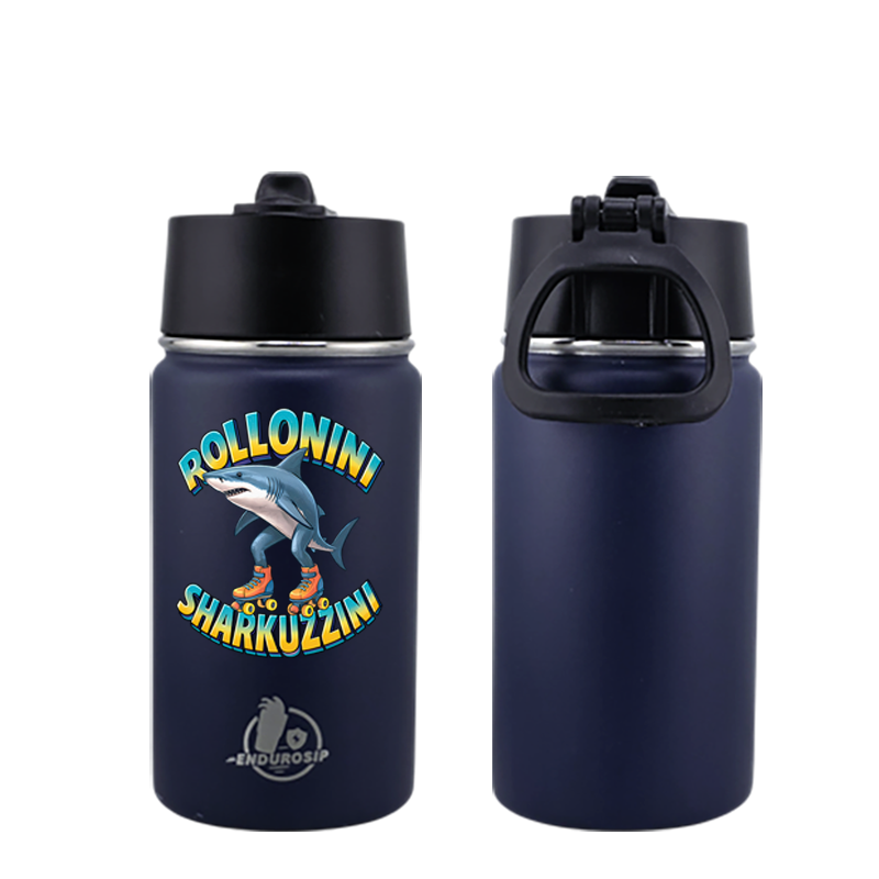 EnduroSip® 12 oz Water Bottle – Rollonini Sharkuzzini Italian Brainrot | Black, Blue & Pink UVDTF 3D Permasticker