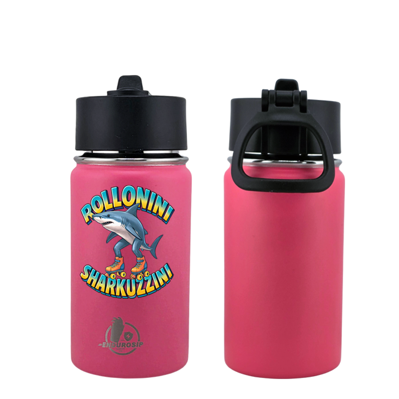 EnduroSip® 12 oz Water Bottle – Rollonini Sharkuzzini Italian Brainrot | Black, Blue & Pink UVDTF 3D Permasticker