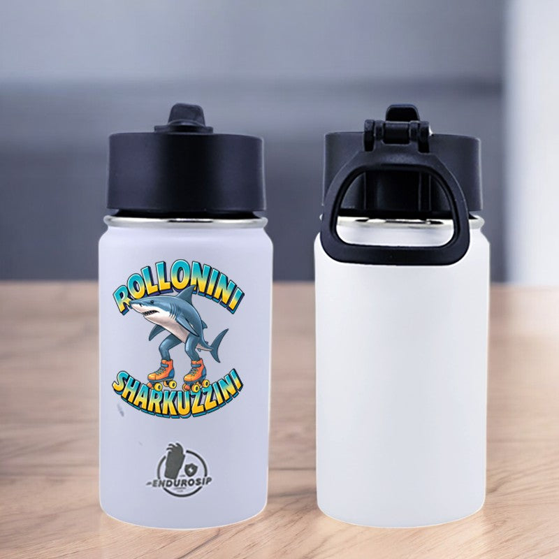EnduroSip® 12 oz Water Bottle – Rollonini Sharkuzzini Italian Brainrot | Black, Blue & Pink UVDTF 3D Permasticker