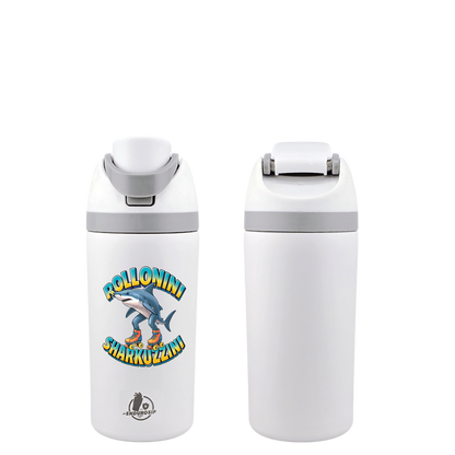 Italian Brainrot Rollonini Sharkuzzini 16 oz Fruit Water Bottle – 2-Way Drink Lid | Black, White, Blue & Pink