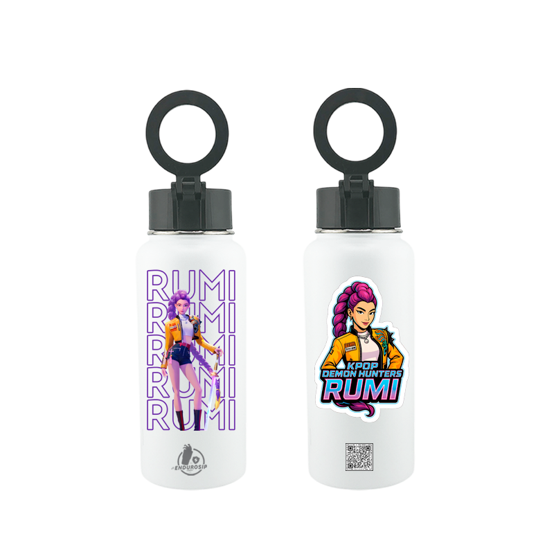 32oz MagSafe Stainless Steel Bottle with Phone Holder White – MIRA HUNTRX K-POP Demon Hunters Edition – Dual 3D UVDTF Permastickers (Hand Wash Only)