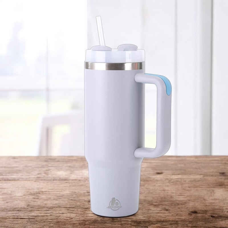 30oz Stainless Steel Tumbler with Handle & Straw – Double Wall, Car Cup Holder Friendly