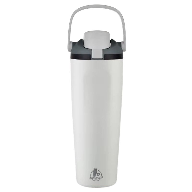 EnduroSip 30 oz white insulated tumbler with locking lid and raised carry handle.