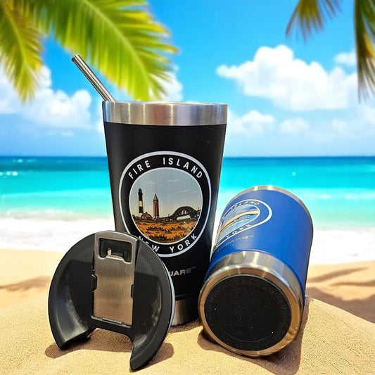 Fire Island Lighthouse Bridge 16 oz Double Walled Stainless Steel Beer Pint with Bottle Opener Built in Black