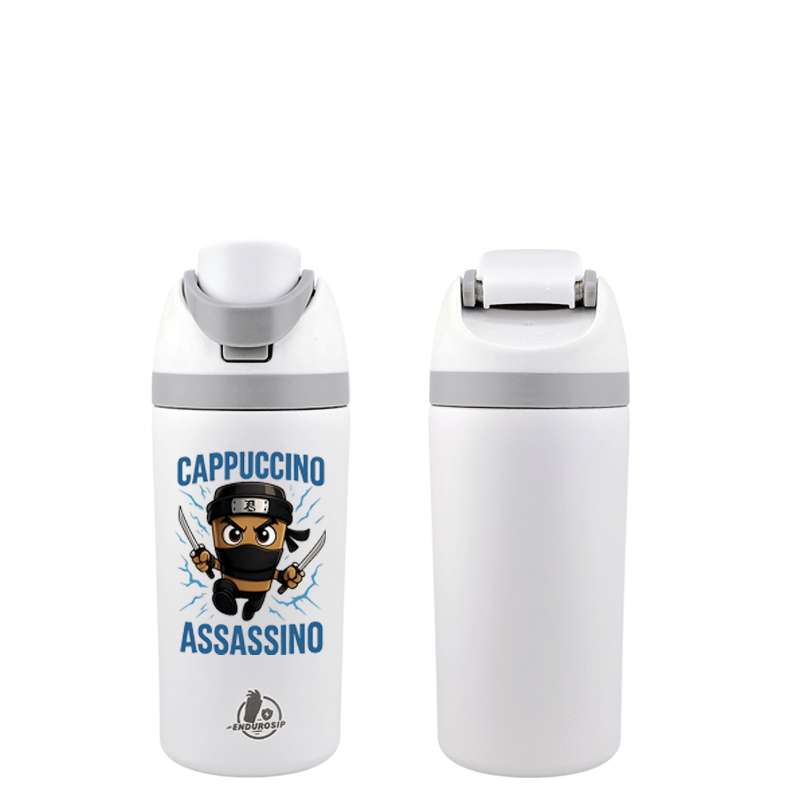 Italian Brainrot Cappuccino Assassino 16 oz Fruit Water Bottle – 2-Way Drink Lid | Pink & White