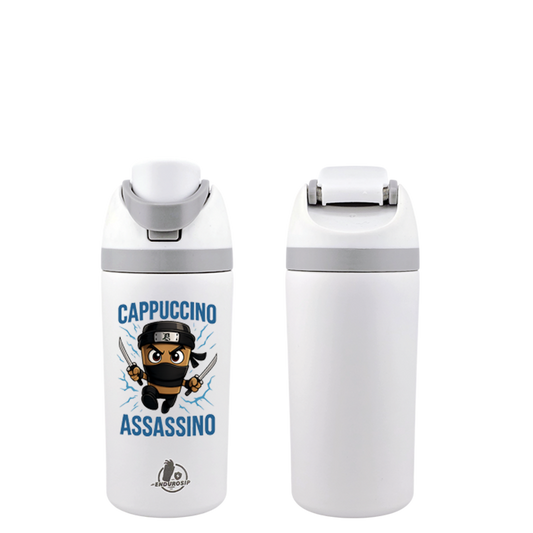 Italian Brainrot Cappuccino Assassino 16 oz Fruit Water Bottle – 2-Way Drink Lid | Pink & White