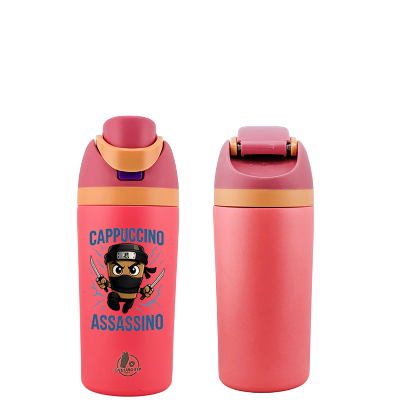 Italian Brainrot Cappuccino Assassino 16 oz Fruit Water Bottle – 2-Way Drink Lid | Pink & White