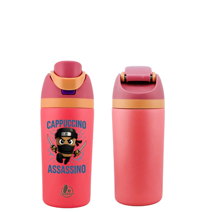 Italian Brainrot Cappuccino Assassino 16 oz Fruit Water Bottle – 2-Way Drink Lid | Pink & White