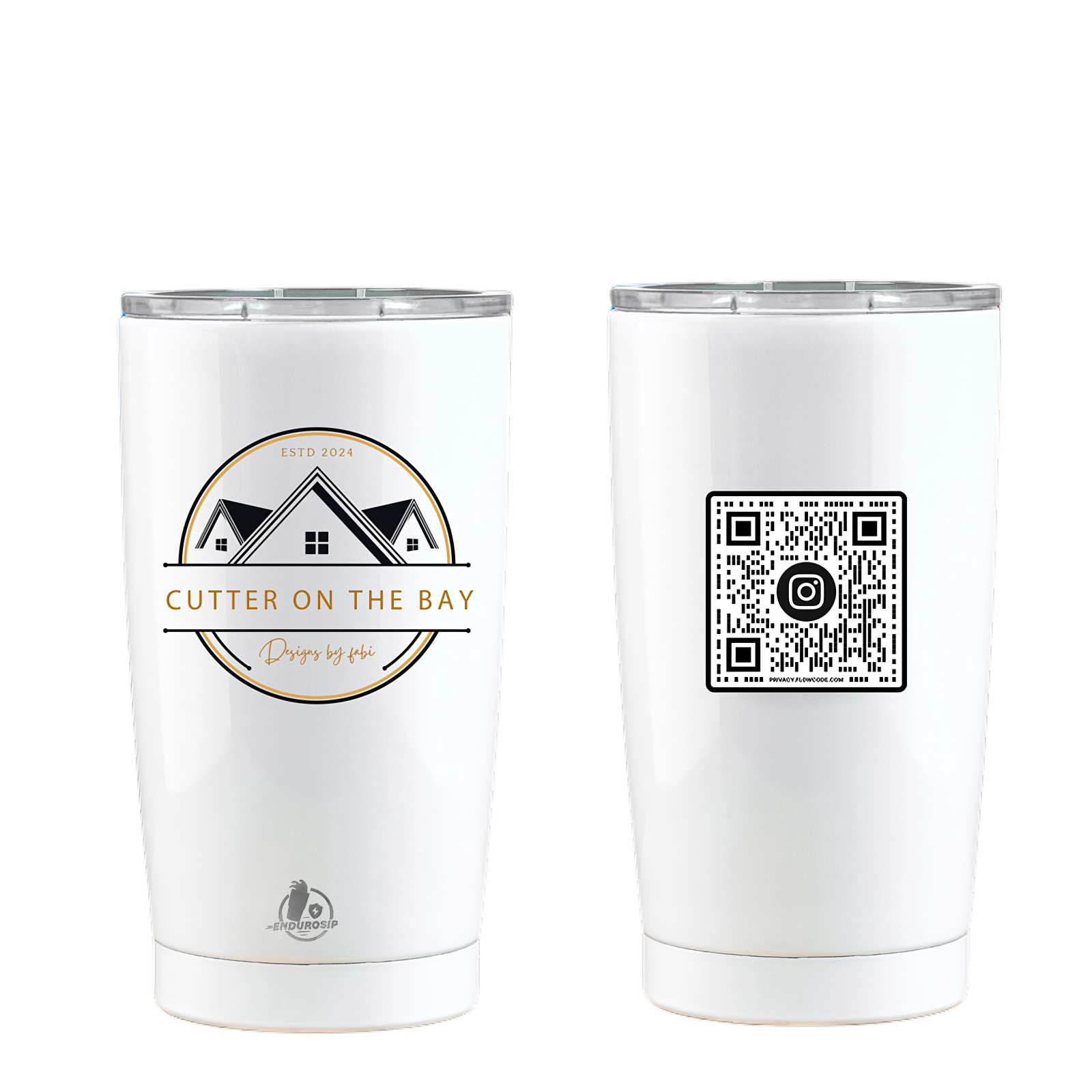 Cutter on the Bay custom EnduroSip tumbler with QR code