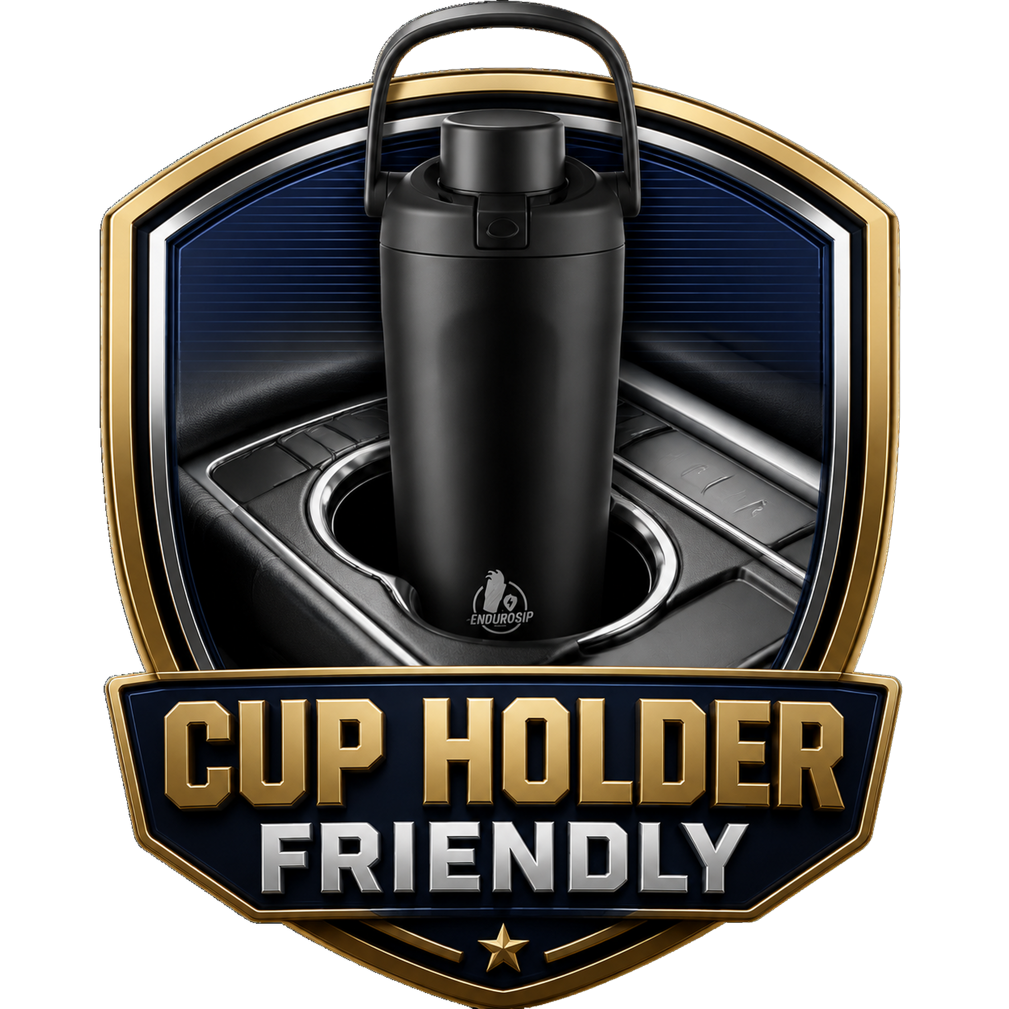EnduroSip 30 oz Lock Lid feature badge showing cup holder friendly design