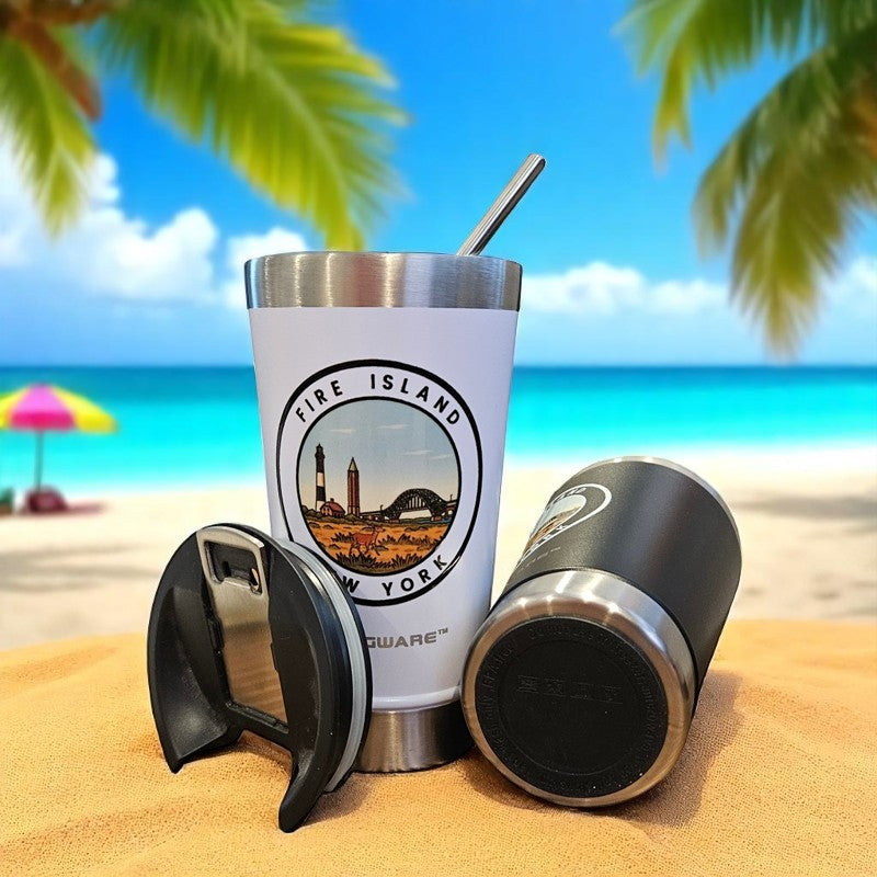 Fire Island Lighthouse Bridge 16 oz Double Walled Stainless Steel Beer Pint with Bottle Opener Built in