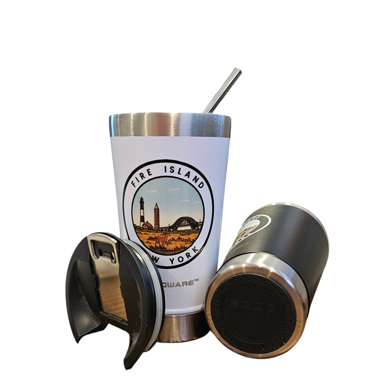 Fire Island Lighthouse Bridge 16 oz Double Walled Stainless Steel Beer Pint with Bottle Opener Built in