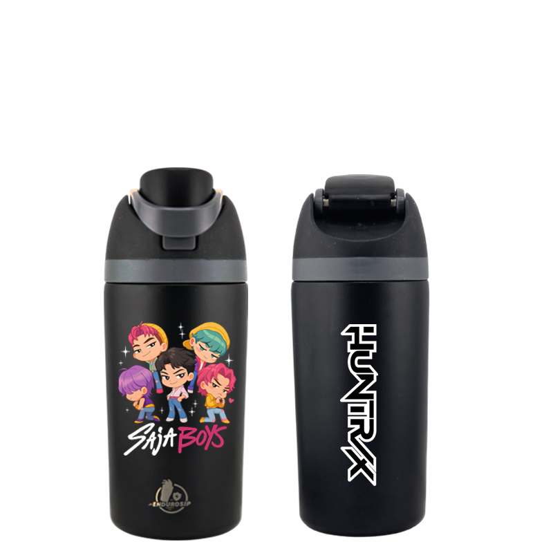 16 oz Black SAJA BOYS × HUNTRIX K-Pop Kids Fruit Bottle | Double-Sided UVDTF 3D • Leak-Proof Edition