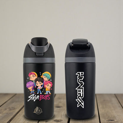 16 oz Black SAJA BOYS × HUNTRIX K-Pop Kids Fruit Bottle | Double-Sided UVDTF 3D • Leak-Proof Edition