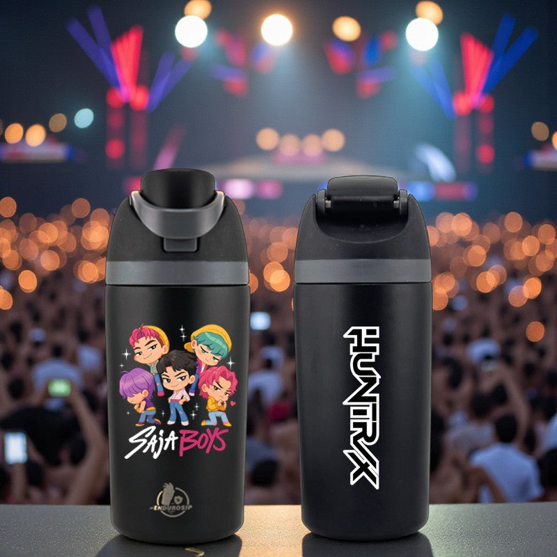 16 oz Black SAJA BOYS × HUNTRIX K-Pop Kids Fruit Bottle | Double-Sided UVDTF 3D • Leak-Proof Edition