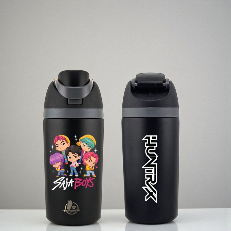 16 oz Black SAJA BOYS × HUNTRIX K-Pop Kids Fruit Bottle | Double-Sided UVDTF 3D • Leak-Proof Edition