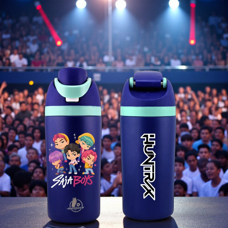 16 oz Blue SAJA BOYS × HUNTRIX K-Pop Kids Fruit Bottle | Double-Sided UVDTF 3D • Leak-Proof Edition