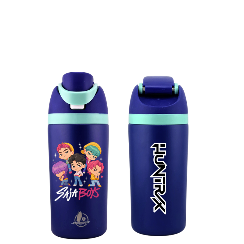 16 oz Blue SAJA BOYS × HUNTRIX K-Pop Kids Fruit Bottle | Double-Sided UVDTF 3D • Leak-Proof Edition