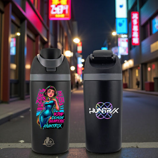 16 oz Black K-Pop Kids Fruit Bottle – Zoey | Double-Sided UVDTF 3D • Huntrix Logo Edition