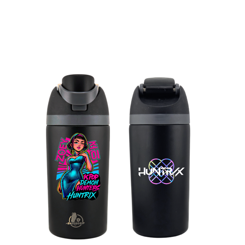 16 oz Black K-Pop Kids Fruit Bottle – Zoey | Double-Sided UVDTF 3D • Huntrix Logo Edition