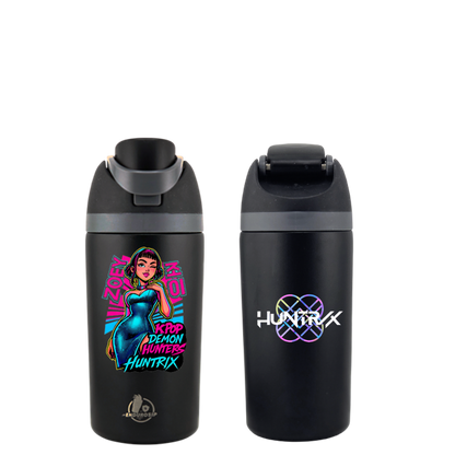 16 oz Black K-Pop Kids Fruit Bottle – Zoey | Double-Sided UVDTF 3D • Huntrix Logo Edition