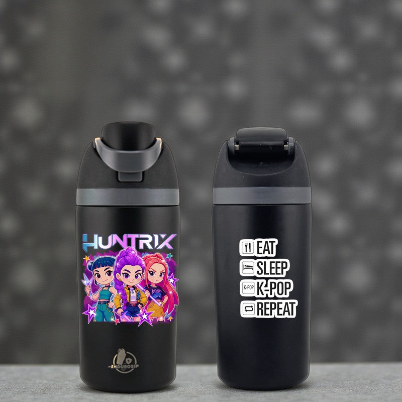 16 oz Black Huntrix Demon Hunters 2 K-Pop Kids Fruit Bottle | Double-Sided UVDTF 3D • Leak-Proof Edition