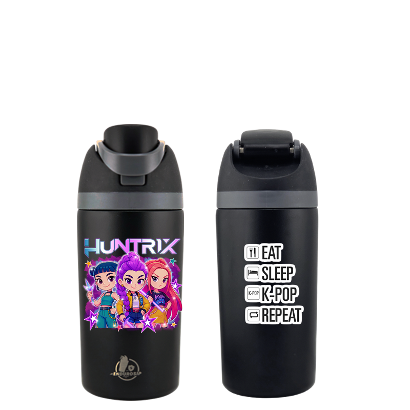 16 oz Black Huntrix Demon Hunters 2 K-Pop Kids Fruit Bottle | Double-Sided UVDTF 3D • Leak-Proof Edition