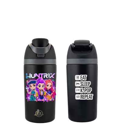 16 oz Black Huntrix Demon Hunters 2 K-Pop Kids Fruit Bottle | Double-Sided UVDTF 3D • Leak-Proof Edition