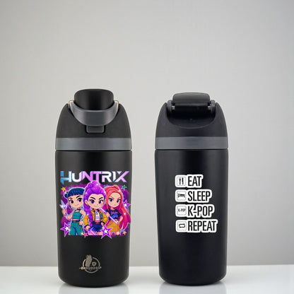 16 oz Black Huntrix Demon Hunters 2 K-Pop Kids Fruit Bottle | Double-Sided UVDTF 3D • Leak-Proof Edition