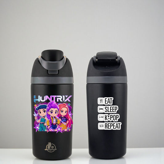 16 oz Black Huntrix Demon Hunters 2 K-Pop Kids Fruit Bottle | Double-Sided UVDTF 3D • Leak-Proof Edition