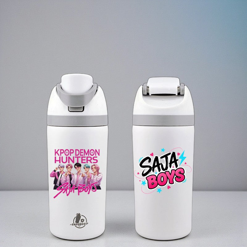 16 oz White K-Pop Demon Hunters SAJA BOYS Fruit Bottle | Dual-Sip Straw & Gulp Lid • Double-Sided UVDTF 3D
