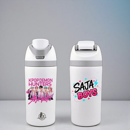 16 oz White K-Pop Demon Hunters SAJA BOYS Fruit Bottle | Dual-Sip Straw & Gulp Lid • Double-Sided UVDTF 3D