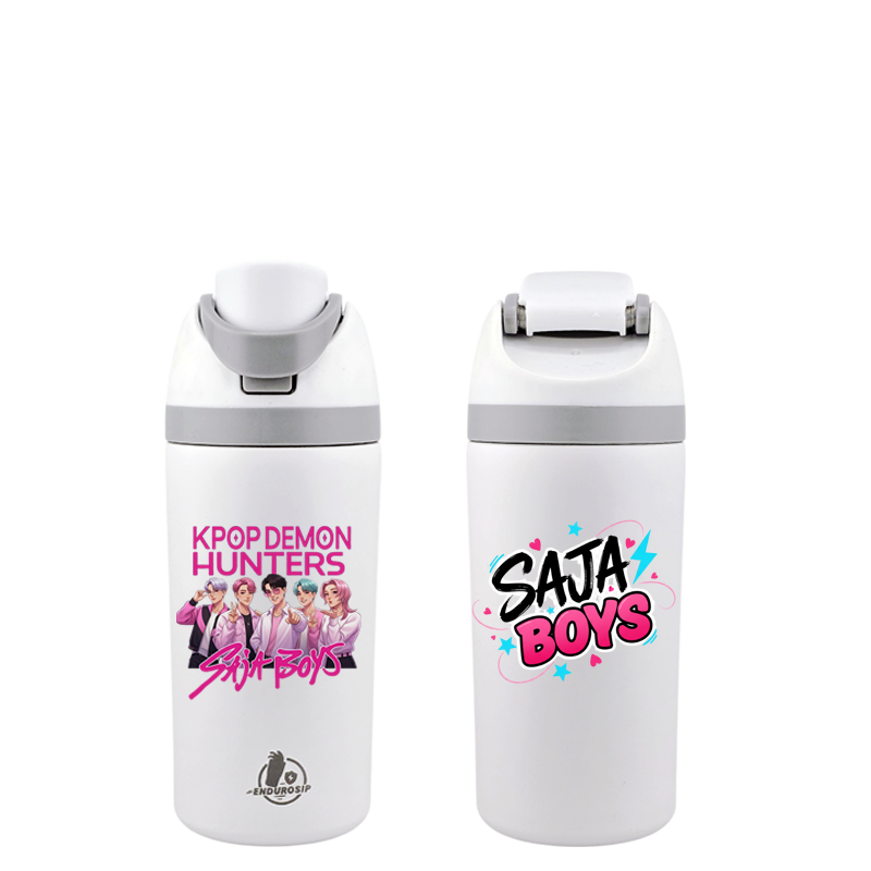 16 oz White K-Pop Demon Hunters SAJA BOYS Fruit Bottle | Dual-Sip Straw & Gulp Lid • Double-Sided UVDTF 3D
