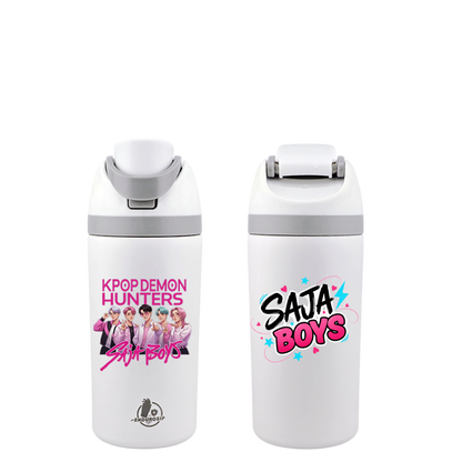 16 oz White K-Pop Demon Hunters SAJA BOYS Fruit Bottle | Dual-Sip Straw & Gulp Lid • Double-Sided UVDTF 3D