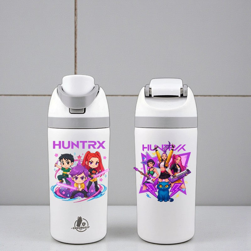 K-Pop Demon Hunters Huntrix Squad 16 oz Kids Fruit Bottle – Zoey, Rumi, Mira & Derpy | Double-Sided 3D UVDTF | Leak-Proof